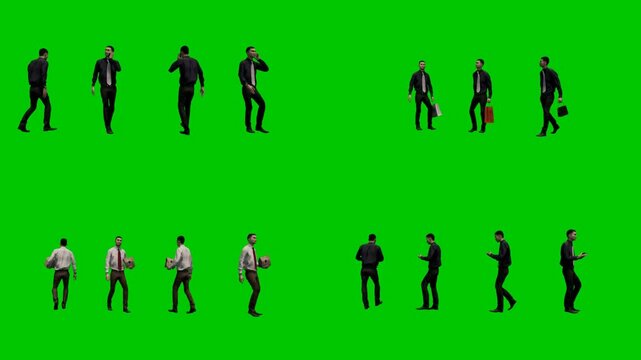 3d animated cartoon animation people walking in casual style on green screen chromakey background. Animated characters creating natural daily crowd atmosphere ideal for street urban simulation pr