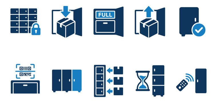 Set of automated parcel locker and package delivery icons for logistics and secure storage services Minimal solid fill icon set bundle collection. Editable Vector Illustration Mega pack