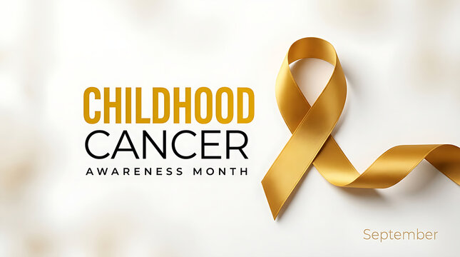 Childhood Cancer Awareness Month graphic featuring a golden metallic ribbon on a clean white background.