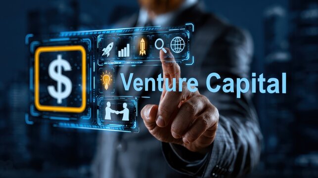 A businessman interacts with a virtual interface displaying venture capital concepts and financial icons.