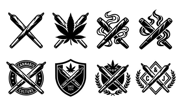 Crossed weed joints vector emblem set with black marijuana pre roll X shapes for lifestyle brand logos