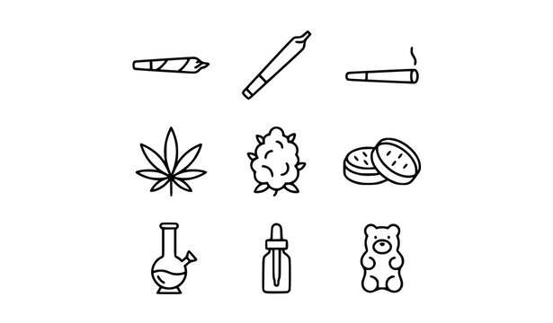 Minimalist weed joint line icon vector set with thin black outline marijuana pre roll symbols for web design
