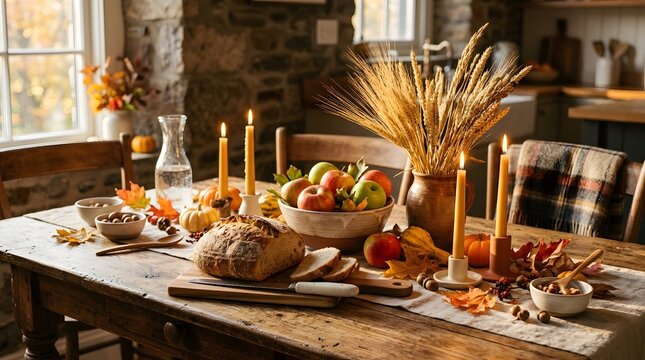 Beautifully decorated rustic dining table set for a festive autumn harvest celebration with candles and seasonal fruits