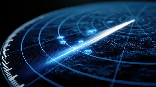 A futuristic radar screen with glowing blue circular grid and sweeping white beam detecting multiple targets on a dark background.