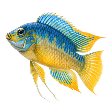 Vibrant blue and yellow tropical cichlid fish illustration isolated on white.