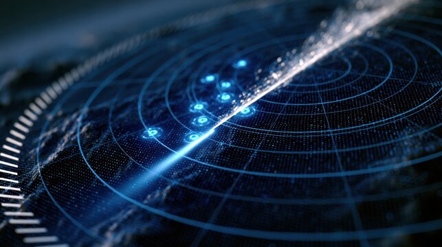 A futuristic digital radar screen displays glowing blue signals and grids, highlighting data points and scanning in a high-tech environment.
