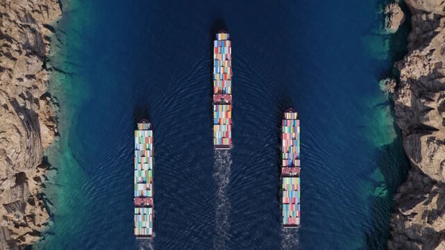 Three container ships navigating narrow rocky coastal strait