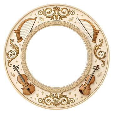 Ornate circular frame featuring harps and violins with golden scrollwork.