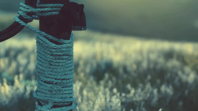 A wooden post stands in a field with rope wrapped around it. The sun sets in the background, casting light over the tall grass and creating a warm glow.