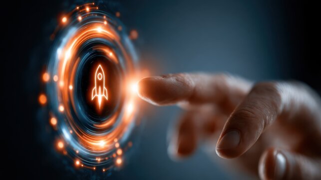 A finger is about to activate a futuristic circular digital interface featuring a glowing rocket icon, symbolizing innovation and technology launch.