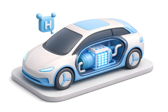3D render of hydrogen fuel cell car with H2 molecule icon, cutaway view showing fuel cell stack and hydrogen tank, eco friendly alternative energy vehicle concept, clean transportation technology