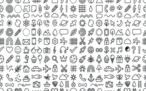 A large collection of abstract hand drawn geometric symbols and mysterious ancient alien glyphs arranged in a structured grid pattern background