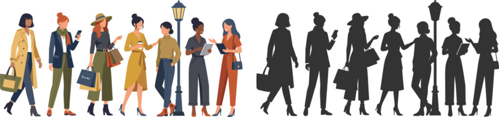 Obraz premium Fashionable Women Character Collection with Shopping Business and Lifestyle Silhouette Vector Set for Commercial Design