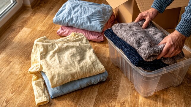 Person organizing folded clothes into a plastic storage box on a wooden floor.