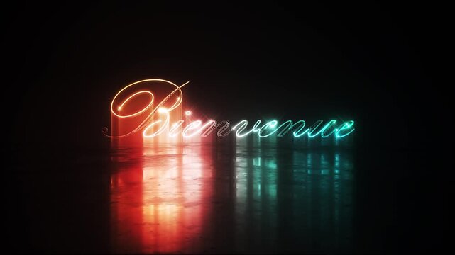 Animation text of Welcome French  language laser neon glitch text effect cinematic title on black abstract backgroud.