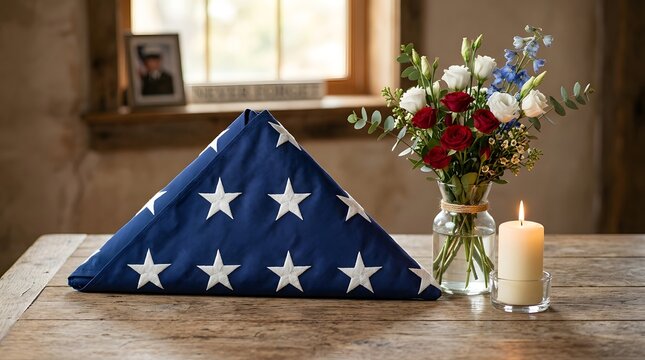 A folded american flag displayed on a wooden table with a bouquet of flowers and a lit candle