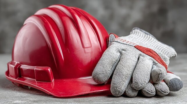 Red hard hat and work glove on wooden surface, safety gear, construction equipment, closeup shot
