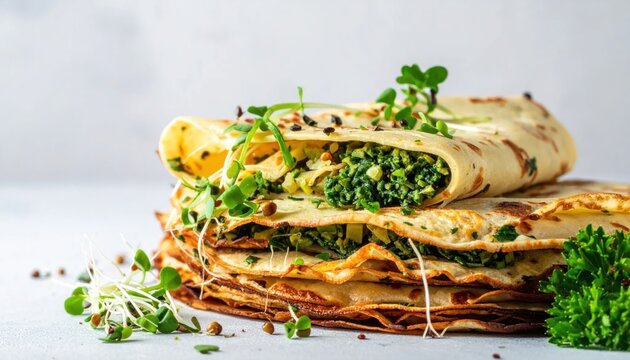 Savory Crepes Stacked High with Spinach and Fresh Herbs.