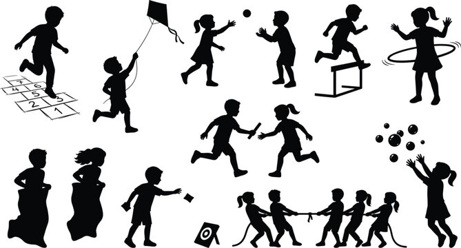 Children Outdoor Games Black Silhouette Collection Featuring Playground Activities, Running, Jumping, Team Play and Recreation