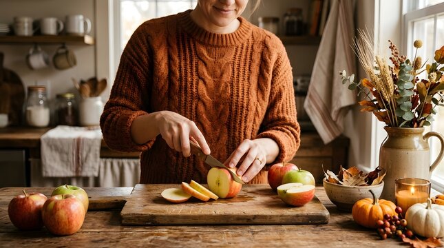 A person wearing a cozy orange sweater slices fresh apples in a rustic kitchen during the autumn season