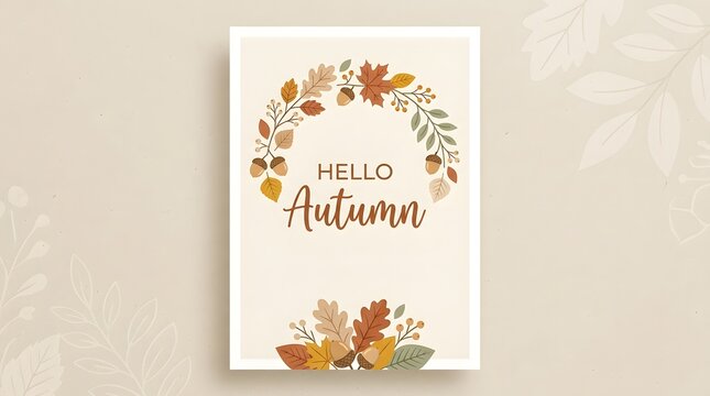 Elegant autumn wedding invitation card template featuring a beautiful hand drawn floral wreath with colorful fall leaves and foliage