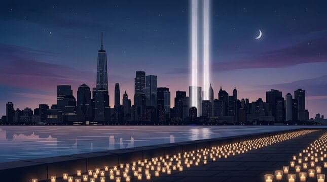 Tribute in light memorial beams shining over the new york city skyline at night with candles in foreground