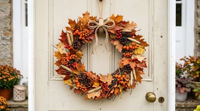A festive autumn wreath made of colorful fall leaves hanging on a white wooden front door during the season