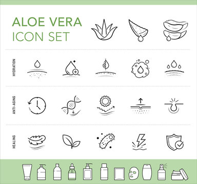 Aloe vera skincare icon set for natural cosmetic packaging labels and beauty product infographics. The outline vector icons are well scalable and editable for packaging label design. EPS10.
