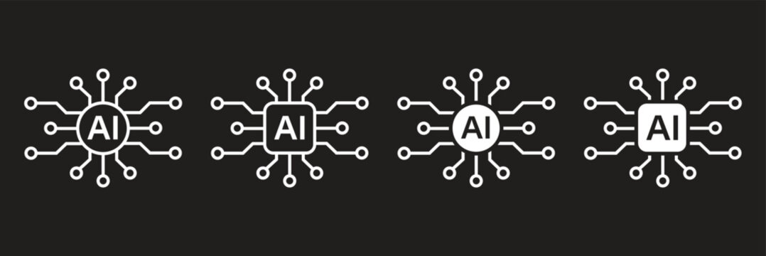 Artificial intelligence AI processor chip black line icon set. AI Processor circuit symbol logo. Mini AI CPU icon collection. powered ai chip silhouette icon vector set. AI chip icon