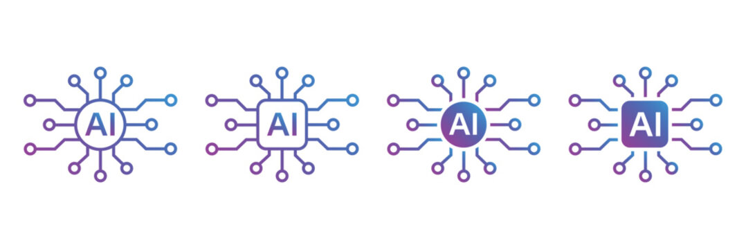 Artificial intelligence AI processor chip black line icon set. AI Processor circuit symbol logo. Mini AI CPU icon collection. powered ai chip silhouette icon vector set. AI chip icon