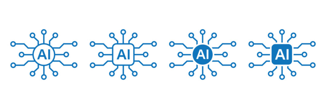 Artificial intelligence AI processor chip black line icon set. AI Processor circuit symbol logo. Mini AI CPU icon collection. powered ai chip silhouette icon vector set. AI chip icon