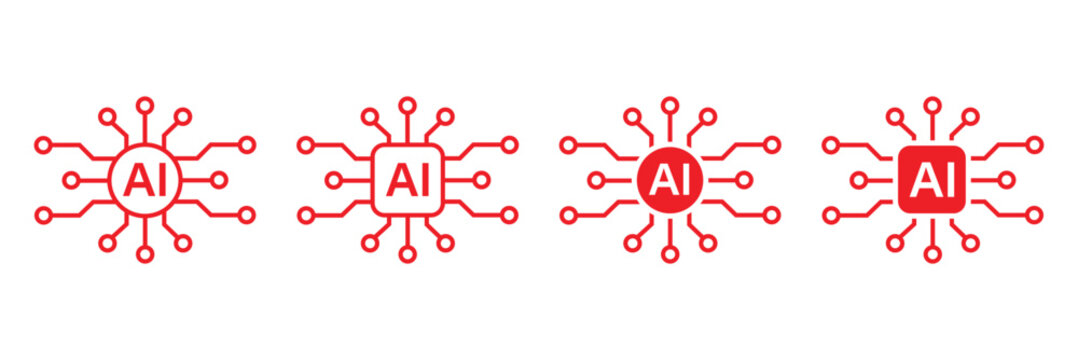 Artificial intelligence AI processor chip black line icon set. AI Processor circuit symbol logo. Mini AI CPU icon collection. powered ai chip silhouette icon vector set. AI chip icon