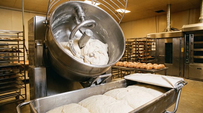 Large industrial dough mixer machine working inside a professional bakery kitchen for bread production