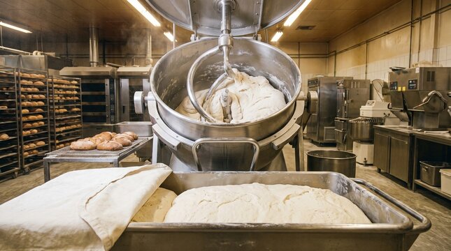 Industrial dough mixer machine working inside a busy commercial bakery kitchen with fresh bread products