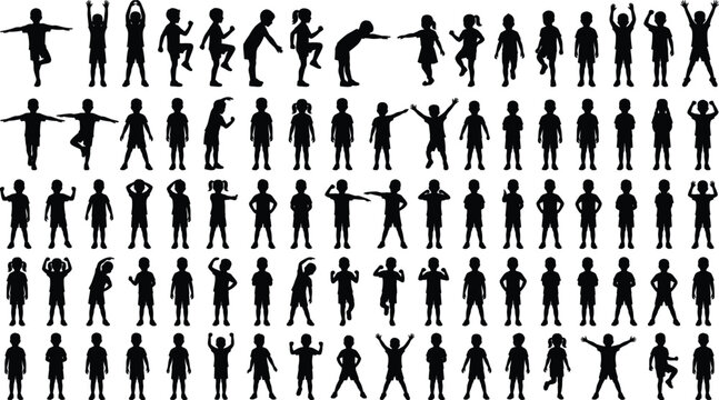 Children Silhouette Pose Collection Featuring Standing, Walking, Stretching, Jumping and Everyday Body Position Set