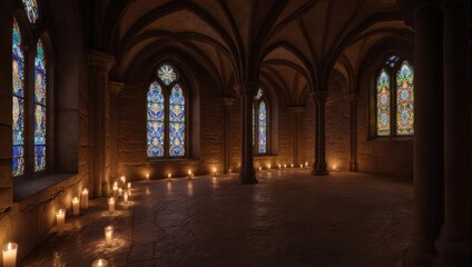 Obraz premium Candlelit Medieval Hall - Stained Glass and Stone Arches.