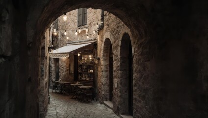 Obraz premium Charming Italian Alleyway with Cafe and Stone Archway.