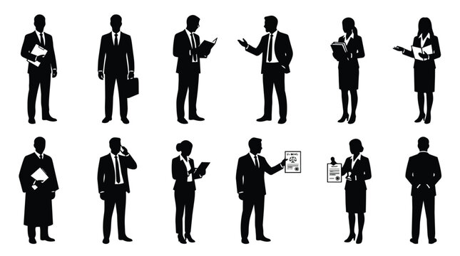 Lawyer, attorney and legal team in silhouette for business, justice and corporate law. Professional people, office staff and advocate with briefcase, documents and courtroom trial for advice