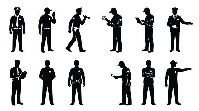Security guard silhouette, police officer and law enforcement for safety, protection and surveillance. Private patrol, uniform and worker with radio, flashlight and duty for site monitoring. Professi