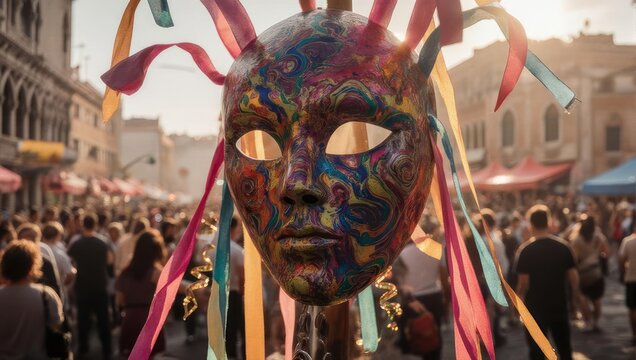 Carnival Mask Amidst Festive Crowd - A Celebration of Culture.