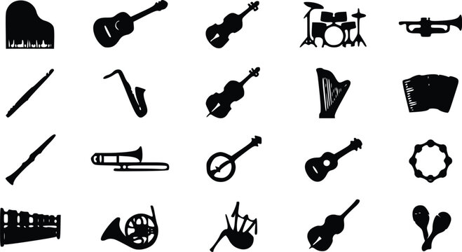 Set of black musical instrument silhouettes including piano guitar violin drums trumpet saxophone harp and other instruments