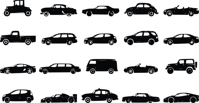 Set of black car silhouettes showing various vehicle types including vintage classic cars modern sedans trucks and sports cars