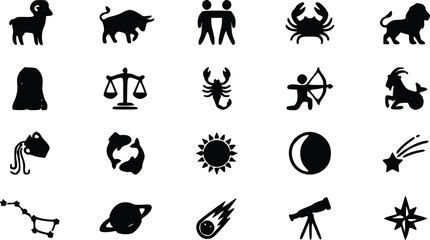 Set of black zodiac signs and astronomy icons featuring horoscopes planets stars and celestial symbols for astrology © Arun