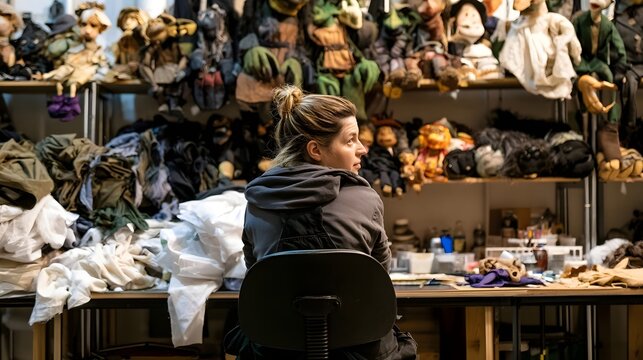 A person seated at a cluttered workbench surrounded by shelves of puppets and fabric materials
