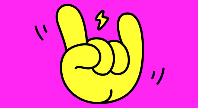Rock. Hand sign. Gesture fingers. Pop art rock hand gesture sign, cute cartoon rock hand gesture symbol, comic heavy metal party palm icon energetic music badges patches art. Vector Illustration