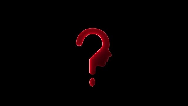 Glowing neon line human head with question mark icon  animation on black background. Neon glowing question mark with man head icon.