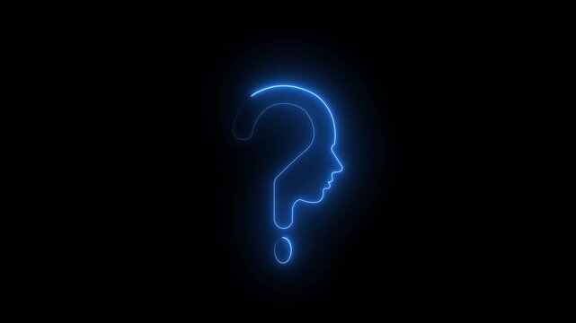 Glowing neon line human head with question mark icon  animation on black background. Neon glowing question mark with man head icon.