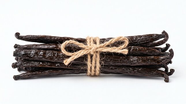 Bundle of dried vanilla beans tied with natural twine on a white background.