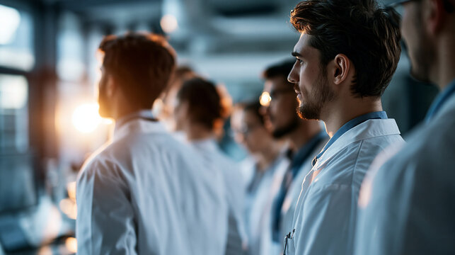 Rear view of a medical team collaborating in physician nursing and laboratory research and development in a bright clinical setting faces turned away healthcare medical team