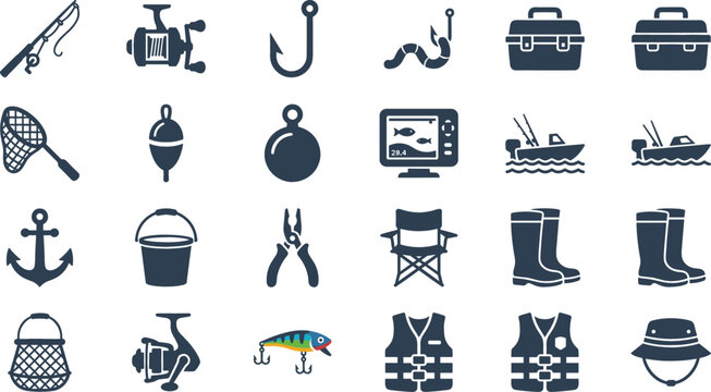 Fishing Gear Icon Set with Rod Reel Hooks Lures Tackle Box Boat and Outdoor Angling Equipment Graphic Interface Designs